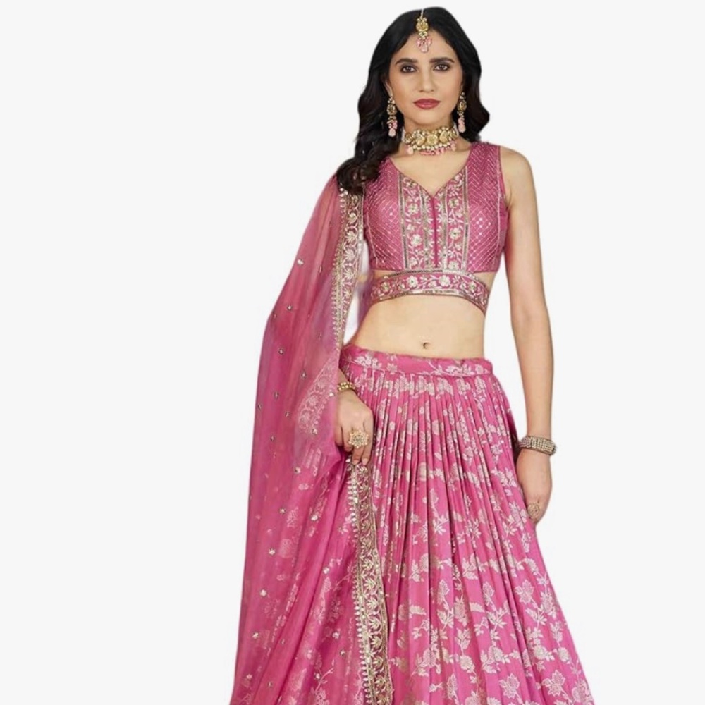 Pink Lehenga Choli Set with Gold Embroidery, Wedding Wear Indian Bridal Dress